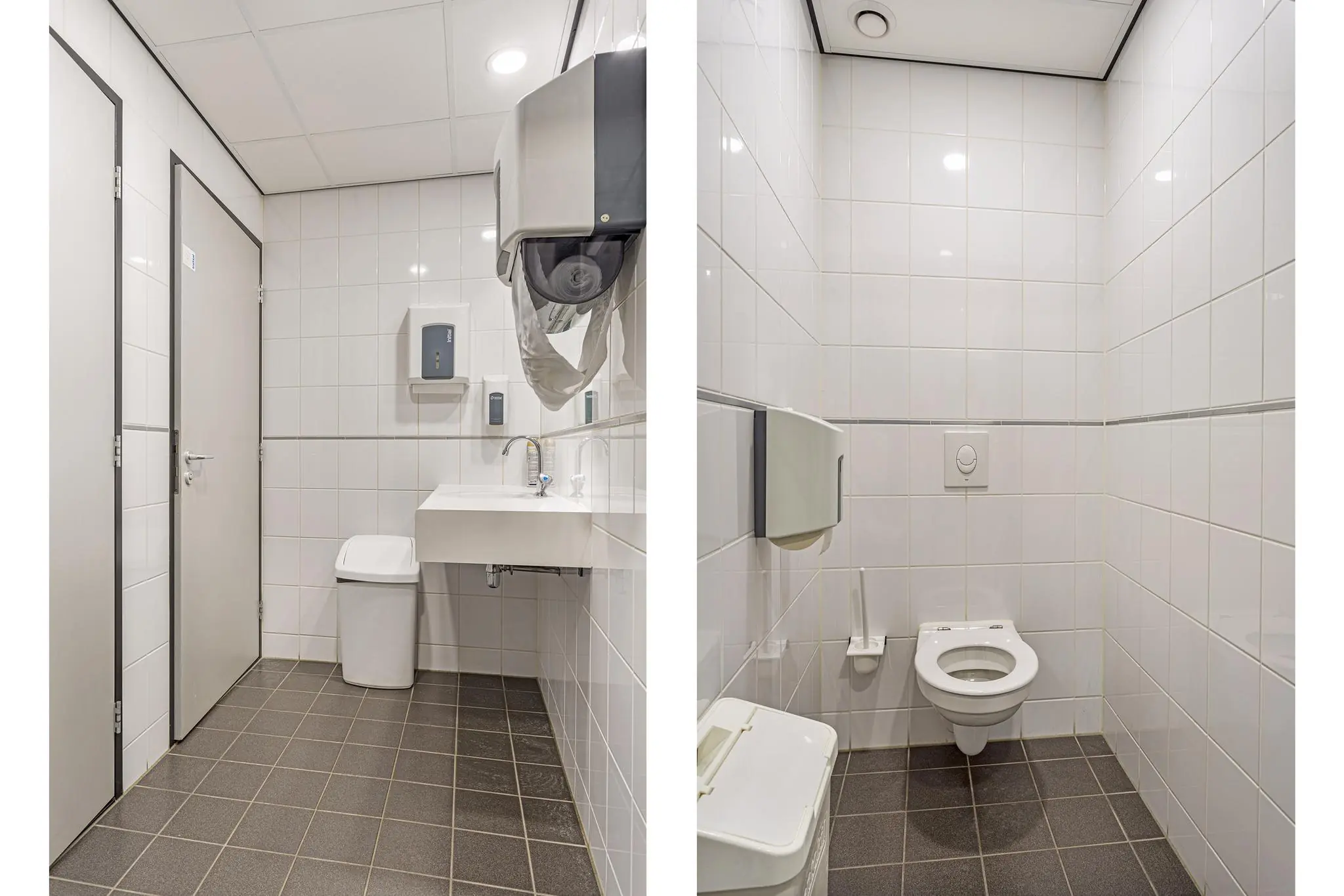 Tweehoekige foto's van een openbare toiletruimte aan de Fascinatio Boulevard met een wastafel, toilet en hygiënevoorzieningen.